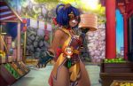  absurd_res ailurid anthro asian_clothing blue_hair chinese_clothing clothed clothing east_asian_clothing fanet female food genshin_impact hair hi_res looking_at_viewer mammal open_mouth red_panda smile solo video_games xiangling_(genshin_impact) 