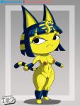  3:4 absurd_res animal_crossing ankha_(animal_crossing) anthro black_eyes blue_hair breasts digital_media_(artwork) domestic_cat egyptian felid feline felis female fur genitals hair hi_res jackintaro looking_at_viewer mammal nintendo nipples nude pussy simple_background solo video_games yellow_body yellow_fur 