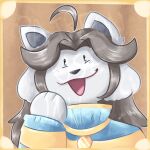 1:1 anthro blush canid canine clothed clothing doctorsiren felid feline fur hair hi_res mammal open_mouth simple_background tem temmie_(undertale) topwear undertale video_games white_body white_fur 