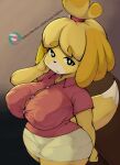  absurd_res animal_crossing anthro big_breasts blonde_hair bottomwear breasts canid canine canis clothed clothing domestic_dog female hair hi_res isabelle_(animal_crossing) mammal neo_hajime nintendo nipple_outline shih_tzu shirt skirt solo straining_buttons topwear toy_dog video_games wide_hips 