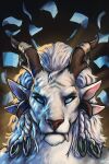  2:3 4_ears 4_horns absurd_res accessory blue_eyes charr eyebrows eyelashes fangs felid fur guild_wars hair hair_accessory hi_res horn looking_at_viewer male mammal multi_ear multi_horn solo vateo video_games white_body white_fur white_hair 