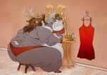  absurd_res anthro antlers belly big_belly big_breasts big_butt breasts butt cervid clothing dress eyeshadow female furniture hair hi_res horn huge_butt lipstick makeup mammal mellowhen mirror obese obese_female overweight overweight_female sitting solo stool 