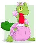  2017 3_toes 4:5 ambiguous_gender anthro armwear big_diaper biped bow_accessory bunnykisses clothing diaper feet glistening glistening_eyes green_body green_eyes green_tail hand_behind_head hi_res huge_diaper legwear looking_at_viewer nintendo pink_diaper pok&eacute;mon pok&eacute;mon_(species) red_body shadow simple_background solo standing toes treecko video_games yellow_sclera 