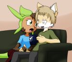  2019 anthro beverage blue_eyes brown_body brown_fur brown_hair buckteeth canid canine chespin coffee digital_media_(artwork) duo eyelashes female fingers fox fur furniture green_eyes hair hand_holding issac_(monkeykinghero) leina_(sandwich-anomaly) male mammal multicolored_body multicolored_fur nintendo pok&eacute;mon pok&eacute;mon_(species) sandwich-anomaly scar simple_background sitting smile sofa tan_background tan_body tan_fur tan_hair teeth tongue video_games white_body white_fur 