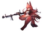  absurd_res anthro biped blue_bra blue_clothing blue_underwear bottomless bra clothed clothing convenient_censorship female fur gun hair hi_res holding_object holding_weapon inner_ear_fluff machine_gun navel pawpads ranged_weapon red_body red_fur red_hair simple_background solo tuft underwear utterangle weapon white_background yellow_eyes 
