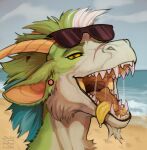  ambiguous_gender beach bodily_fluids dragon drooling ear_piercing eyewear eyewear_on_head famir_(character) fur furred_dragon gaping_mouth hi_res horn looking_at_viewer mouth_shot nevolsky open_mouth outside piercing saliva saliva_on_tongue saliva_string sand scar seaside sharp_teeth solo sunglasses sunglasses_on_head teeth throat tongue water yellow_eyes 