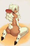 2021 ann_the_sheep anthro big_ears blue_eyes blush bovid breasts butt caprine cloven_hooves collar collar_only ear_tag female fur hair hair_over_eye hi_res hooves kneeling looking_back mammal nipples nude one_eye_obstructed sheep small_breasts solo white_body white_fur wool_(fur) woolrool 