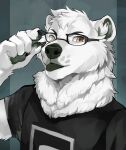  absurd_res adjusting_glasses anthro black_clothing black_shirt black_topwear blep brown_eyes clothing eyewear glasses graphic_tee green_nose green_pawpads green_tongue hi_res male mammal nanuq neck_tuft pawpads polar_bear shirt solo tongue tongue_out topwear tuft ursid ursine ursus_citrus windwttom 