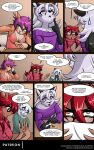  abluedeer anthro arctic_fox bodily_fluids breasts canid canine cleavage clothed clothing comic covering covering_mouth dialogue domestic_cat english_text eyewear facepalm felid feline felis female fox fur giant_panda glasses group hair hi_res holly_(abluedeer) hybrid jennifer_(abluedeer) lin_(abluedeer) mammal moccha_(abluedeer) moon_lace off_shoulder purple_hair red_hair sweat sweatdrop text url ursid white_body white_fur white_hair 