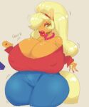  anthro anthrofied applejack_(mlp) big_breasts blonde_hair bottomwear breasts cleavage clothed clothing denim denim_clothing equid equine female freckles friendship_is_magic hair hasbro huge_breasts jeans mammal mature_female my_little_pony nipple_outline pants scarfyace solo thick_thighs 