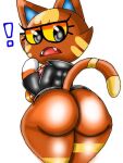  ! animal_crossing anthro big_butt blazedscarf bottomless brown_body butt clothed clothing digital_media_(artwork) domestic_cat fangs felid feline felis female fur gold_(metal) gold_jewelry jacket jewelry katt_(animal_crossing) looking_back mammal nintendo simple_background solo thick_thighs topwear video_games yellow_eyes 