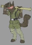  2021 anthro brown_body brown_fur canid canine clothing corporal_(xenopera) digitigrade facial_scar fangs fur grey_background hi_res holding_object holding_weapon male mammal military_uniform notched_ear orange_eyes orange_sclera panzerschrecker paws ranged_weapon scar simple_background solo standing uniform weapon were werecanid werecanine werewolf xenopera 