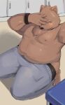  2014 anthro belly blush bottomwear clothing detailed_background gattatta hi_res humanoid_hands inside kemono locker_room male mammal moobs nipples overweight overweight_male pants solo ursid 