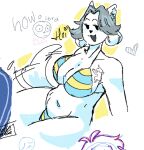  anthro bikini breasts canid canine clothed clothing felid feline female fur galacticjoelle hair hi_res mammal open_mouth simple_background swimwear tailwag tem temmie_(undertale) text undertale video_games white_body white_fur 