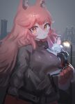  anthro biped blush city city_background clothed clothing duo female fingerless_gloves gloves hair handwear hi_res holding_character looking_at_viewer red_hair size_difference street_lamp utterangle white_hair yellow_eyes 