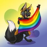  &lt;3 1:1 abstract_background ambiguous_gender black_body black_fur black_nose brown_body brown_fur canid canine conditional_dnp ears_up feral flag fox fur gradient_background holding_flag holding_object lgbt_pride looking_aside mammal pride_colors rainbow_flag rainbow_pride_flag rainbow_symbol seven-stripe_rainbow_pride_colors simple_background smile solo standing tani_da_real white_body white_fur 