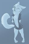  2021 anthro bare_chest barefoot belly_tuft biped blue_background blue_theme canid canine cheek_tuft chest_tuft clothed clothing crotch_tuft disney elbow_tuft facial_tuft feet female fox looking_at_viewer mammal neck_tuft one_eye_closed robcivecat simple_background skye_(zootopia) solo standing tongue tongue_out tuft wink zootopia 
