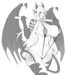  animal_humanoid big_breasts black_body black_scales breasts demon demon_humanoid dragon dragon_humanoid female food gold_(metal) gold_jewelry hair hi_res horn_ornament humanoid jewelry kodx4 long_hair monochrome multi_wing popsicle pose scales skimpy_bikini solo spade_tail white_body white_skin wings 