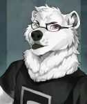  absurd_res anthro black_clothing black_shirt black_topwear blep brown_eyes clothing eyewear glasses graphic_tee green_nose green_pawpads green_tongue hi_res male mammal nanuq neck_tuft pawpads polar_bear shirt solo tongue tongue_out topwear tuft ursid ursine ursus_citrus windwttom 