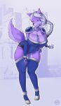 anthro big_breasts breasts canid canine canis cleavage clothed clothing english_text female fur hi_res legwear looking_back mammal purple_body purple_fur rawgreen solo text thigh_highs wolf 