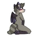  anthro blush butt hair hindpaw looking_back low_res lusterflix male mammal paws procyonid raccoon simple_background sitting smille smilling solo white_background wings 
