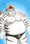  2021 anthro belly bulge clothing eyewear felid glasses hi_res humanoid_hands kemono licho_(tas) male mammal moobs navel nipples overweight overweight_male pantherine simple_background solo tiger tokyo_afterschool_summoners underwear video_games yom_mido_plus 