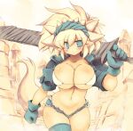  2011 animal_humanoid armor blonde_hair blush bottomwear breasts clothing female gloves green_eyes grey_clothing grey_gloves grey_handwear hair handwear holding_object holding_sword holding_weapon humanoid melee_weapon noi-gren27 outside shorts solo sword weapon 