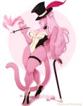  2021 absurd_res anthro breasts cane cigarette_holder cleavage clothed clothing crossgender digitigrade felid female fur gem hair hat headgear headwear hi_res leotard long_hair mammal pantherine pink_body pink_fur pink_panther solo thick_thighs top_hat vexstacy wide_hips 