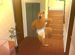  2019 4_toes 5_fingers anthro blush bodily_fluids bottlebear bottlebear_(character) brown_body brown_fur brown_nose claws clothed clothing detailed_background diaper digital_drawing_(artwork) digital_media_(artwork) door embarrassed feet fingers fur genital_fluids hi_res hindpaw leaking_diaper male mammal open_mouth paws plant sharp_teeth solo stairs teeth toe_claws toes topless urine ursid wet_diaper wetting 