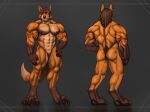  abs anthro biceps big_feet big_muscles butt canid canine claws digitigrade feet fluffy fluffy_tail fox front_view hair hand_on_hip hi_res hybrid kangaroo macropod male mammal marsel-defender marsupial model_sheet multicolored_hair muscular pawpads pecs piercing purple_eyes quads rear_view solo tattoo vein 