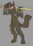  2021 animal_genitalia anthro balls brown_body brown_fur canid canine corporal_(xenopera) digitigrade facial_scar fangs fully_sheathed fur genitals grey_background hi_res holding_object holding_weapon male mammal notched_ear orange_eyes orange_sclera panzerschrecker paws ranged_weapon scar sheath simple_background solo standing weapon were werecanid werecanine werewolf xenopera 