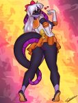  2021 5_fingers amber_eyes anthro breasts butt_pose clothed clothing digital_media_(artwork) female fingers hair hi_res non-mammal_breasts pose reptile scalie shumey smile snake solo white_hair 