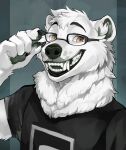  absurd_res adjusting_glasses anthro black_clothing black_shirt black_topwear brown_eyes clothing eyewear glasses graphic_tee green_lips green_nose green_pawpads green_tongue hi_res lips male mammal nanuq neck_tuft pawpads polar_bear shirt smile solo teeth teeth_showing tongue topwear tuft ursid ursine ursus_citrus windwttom 