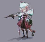  anthro biped blush clothing dress female footwear gas_mask green_eyes grey_background gun halo hi_res holding_object holding_weapon mask one_ear_up ranged_weapon shoes simple_background solo utterangle weapon wings 