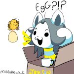  1:1 anatid anseriform avian bird canid canine clothed clothing duck egg felid feline hair hi_res mammal missdraws open_mouth simple_background tem temmie_(undertale) text topwear undertale video_games white_body 