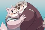  00murice 2021 anthro blush brown_nose canid canine canis clothing domestic_dog duo grey_body hug jinbei_(clothing) kemono male mammal mature_male overweight overweight_male pink_body shirt simple_background topwear 
