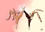  abstract_background absurd_res anthro black_sclera bottomwear breasts butt clitoris clothed clothing duo female fight gatox_(artist) genitals hi_res kick lopunny mega_evolution mega_lopunny navel nintendo nipples nude partially_clothed pink_eyes pok&eacute;mon pok&eacute;mon_(species) pussy raised_leg shiny_pok&eacute;mon spread_legs spreading thick_thighs torn_bottomwear torn_clothing video_games 