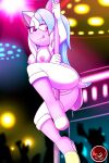 2:3 blue_hair boots breasts clothed clothing dexstar eggbot15 eulipotyphlan female footwear fur genitals hair hedgehog hi_res looking_back mammal partially_clothed pole pussy sega snowfall_(eggbot15) solo sonic_the_hedgehog_(series) strip_club stripper stripper_pole tongue tongue_out white_body white_fur 