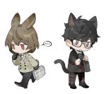  ... 2boys akechi_gorou amamiya_ren animal_ears bag black_gloves black_hair briefcase brown_hair cat_ears cat_tail chibi glasses gloves grey_eyes holding holding_briefcase holding_phone jacket kemonomimi_mode multiple_boys necktie persona persona_5 phone rabbit_ears rabbit_tail red_eyes school_bag school_uniform shuujin_academy_uniform simple_background speech_bubble standing tail walking white_background xing_20 