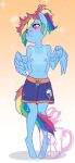  absurd_res anthro bb_darkroast blue_body blue_clothing blue_fur blue_swimwear blush breasts clothed clothing embarrassed equid equine female friendship_is_magic fur hair hands_behind_back hasbro hi_res horse male_swimwear_challenge mammal multicolored_hair my_little_pony nipples pegasus pony ponytail rainbow_dash_(mlp) small_breasts solo suntan swimming_trunks swimwear tail_between_legs tan_line topless unguligrade_anthro wings 