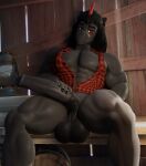  2021 3d_(artwork) abs animal_genitalia animal_penis anthro balls biceps big_balls big_penis black_body black_fur black_hair bottomless bottomless_anthro bottomless_male clothed clothing detailed_background digital_media_(artwork) english_text equid equine equine_penis fingers friendship_is_magic fur genitals hair hasbro hi_res horn horse huge_balls huge_penis inside king_sombra_(mlp) looking_at_viewer male mammal moreuselesssource muscular muscular_anthro muscular_male my_little_pony navel pecs penis pony red_eyes sitting solo text topwear unicorn vest 