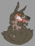  2021 aliasing anthro brown_body brown_fur bust_portrait canid canine chin_tuft corporal_(xenopera) digital_media_(artwork) facial_tuft fangs fur male mammal notched_ear open_mouth portrait scar showing_teeth simple_background smile solo teeth tongue were werecanid werecanine werewolf xenopera yellow_eyes 