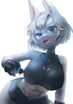  anthro biped blue_eyes bottomwear clothed clothing eyebrows fangs female fur gloves hair handwear hi_res kemono looking_at_viewer open_mouth pupils shorts simple_background slit_pupils solo tongue tongue_out utterangle white_body white_fur white_hair 