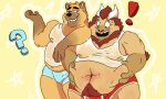  ! 2018 5:3 ? anthro belly big_belly blush bottlebear bottlebear_(character) brown_body brown_fur clothed clothing digital_drawing_(artwork) digital_media_(artwork) duo fur hair hi_res horn male mammal mane one_eye_closed open_mouth overweight overweight_male red_hair shirt simple_background smile surprise tank_top teeth topwear underwear unknown_species ursid yellow_background 