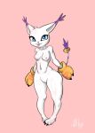  anthro bandai_namco blue_eyes breasts claws clothing digimon digimon_(species) female gatomon gatox_(artist) genitals gloves handwear hi_res humanoid_genitalia humanoid_pussy looking_at_viewer navel nipples nude plantigrade pussy simple_background solo standing thick_thighs tongue tongue_out wide_hips 