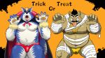  2015 anthro belly bulge canid canine canis chuuta_(pixiv) clothing duo halloween halloween_costume holidays humanoid_hands kemono male mammal moobs mummy_costume nipples overweight overweight_male suid suina sus_(pig) tongue tongue_out underwear vampire_costume wild_boar wolf 