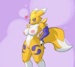  &lt;3 absurd_res anthro armwear bandai_namco bodily_fluids breasts bridal_gauntlets canid clothing digimon digimon_(species) dipstick_ears dipstick_tail dripping female genital_fluids genitals hi_res leg_markings mammal markings multicolored_ears multicolored_tail nipples pinup pose pussy pussy_blush pussy_juice pussy_juice_drip renamon socks_(marking) solo ursk wide_hips 