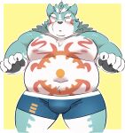  2021 anthro asian_mythology belly blue_body blush bulge clothing east_asian_mythology foo_dog hi_res humanoid_hands japanese_mythology kemono komainu male mammal moobs mythology navel nipples oguchi_magami_(tas) overweight overweight_male ptcmtr simple_background solo tokyo_afterschool_summoners underwear video_games white_body yōkai 