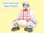  2019 anthro argyle_(pattern) barnaby_(overzen) biped black_nose bodily_fluids bottlebear bow_tie canid canine canis clothed clothing diaper digital_drawing_(artwork) digital_media_(artwork) domestic_dog drooling english_text footwear fur genital_fluids grey_body grey_fur herding_dog hi_res hypnosis male mammal mature_male mind_control multicolored_body multicolored_fur offscreen_character old_english_sheepdog open_mouth overweight overweight_male pastoral_dog saliva sheepdog simple_background smoking_pipe socks solo spiral_eyes text tongue tongue_out topwear two_tone_body two_tone_fur urine used_diaper vest wet_diaper wetting yellow_background 