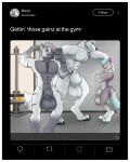  4:5 animal_genitalia anthro balls big_balls big_sheath canid canine canis cellphone coyote detailed_background flexing genitals group gym hair hi_res huge_balls huge_sheath hyaenid kaixo looking_at_another male male/male mammal masterokami muscular muscular_male nude phone sheath smile text thick_sheath twitter wolf 